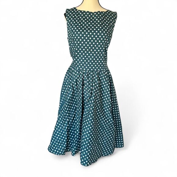 Green and white retro sleeveless boatneck polka dot midi a-line dress, size S - Picture 1 of 8